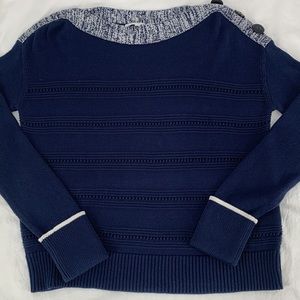 White & Warren• Blue & White Cotton Sweater with Boat Neckline. SzSM